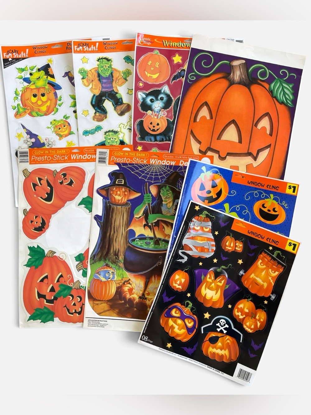8 Sheets Vintage Halloween Vinyl Reusable Window Clings Pumpkins Witch Cat Ghost